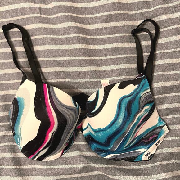 PINK Multi-Color Blue Tie Dye Wear Everywhere Lightly Lined T-Shirt Bra 32C - Picture 6 of 7